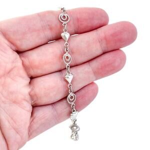 Vintage Hong Kong Sterling Silver 925 Puffy Heart Rope Circle Link Anklet 9.5"